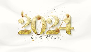 2024 numaralı altın parıltı. Zarif ve lüks altın renginde kutlama ve selamlama tasarımı. Poster, bayrak, takvim ve daha fazlası için mutlu yıllar 2024 vektör tasarımı.