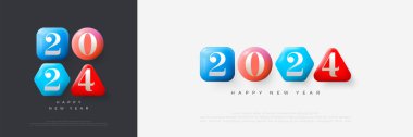 Farklı şekillerde renkli mutlu yeni yıl 2024 tasarımı. Posterler, takvimler, selamlar ve yeni yıl kutlamaları için en iyi vektör arkaplanı.