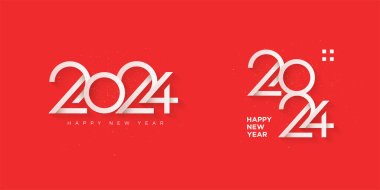 Mutlu yıllar 2024 kağıt kesimi. Kırmızı arka planda saf beyaz sayılar var. 2024 yıllık kutlama için mükemmel vektör tasarımı.