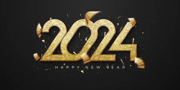 Happy New Year 2024 Number Luxury Shiny Gold Glitter Premium — Stock Vector