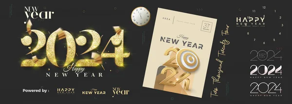 Felice Anno Nuovo 2024 Banner Con Numeri Oro Glitter Altri — Vettoriale Stock