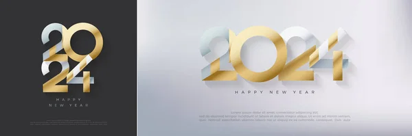 モダンなラグジュアリーホワイトとゴールドの数字でハッピーな新年2024デザイン ポスター カレンダー 新年2024年のお祝いのためのプレミアムベクターの背景 — ストックベクタ