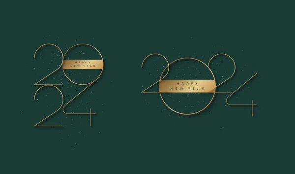 线条艺术设计2024新年与华丽的金黄色 向横幅 社交媒体和日历致以新年祝福的高级设计 — 图库矢量图片