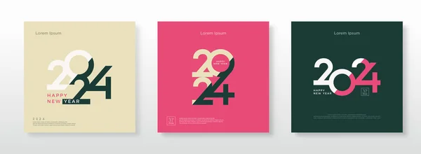 ハッピーニューイヤー2024 3セットの選択 バナー ポスター カレンダー ソーシャルメディアポストのためのプレミアムデザイン — ストックベクタ