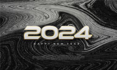 Birinci sınıf mutlu yeni yıl 2024 tasarımı. Beyaz sayılar altın sarısına sarılmış. Yumuşak siyah bir arka plana karşı. Modern vektör illüstrasyon tasarımı.