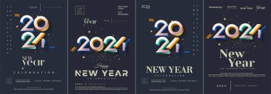 Mutlu yıllar kapak tasarımı, poster. Renkli 3D numaraları var. Mutlu yıllar 2024 kutlamaları için en iyi vektör tasarımı.