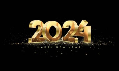 2024 numara 3D parlak altın. Lüks altın parıltıları serpiştirilmiş. Mutlu yıllar 2024 kutlamaları için en iyi vektör arkaplanı.