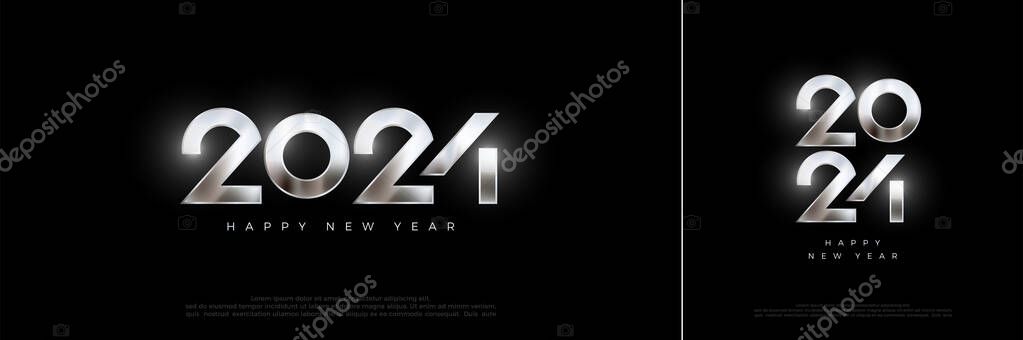 Happy new year 2024 number design. With luxurious shiny silver metallic numbers. Design to celebrate new year 2024.