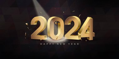 3D yeni yıl 2024 tasarımı. Parlak altın sayılar ışığa maruz kaldı. 2024 Yeni Yıl Kutlaması için en iyi tasarım.