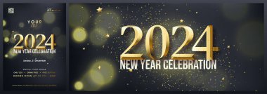 Mutlu yıllar 2024. Parlak altın rakamlarla. Posterler, davetiyeler ve mutlu yeni yıl kutlamaları için vektör arkaplan.