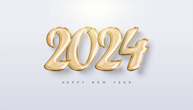 Mutlu yıllar 2024 sayı dizayn vektörü. Lüks ve eşsiz altın folyo balon numaralarıyla birinci sınıf tasarım. Modern, parlak ve eşsiz..