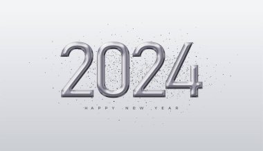 Modern mutlu yeni yıl 2024 tasarımı. Parlak metalik gümüş folyo numaralarıyla. Yeni yıl için en iyi vektör arkaplanı 2024.