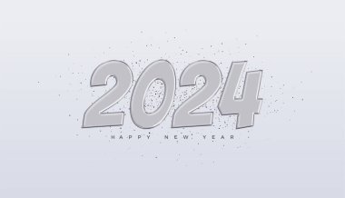 Yeni yılın kutlu olsun 2024 vektör tasarımı. Beyaz bir zemin üzerinde kalın metalik gümüş sayılar çizimleri.