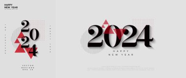 Klasik mutlu yıllar 2024 tasarımı. Cesur klasik sayılarla. Kırmızı ve siyahın kombinasyonu tasarımı zarif yapar..