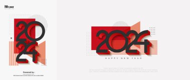 Yeni Yıl Tasarım Vektör Arkaplanı 2024 kutlu olsun. Modern ve benzersiz sayılarla siyah. Siyah ve cesur kırmızının birleşimiyle.