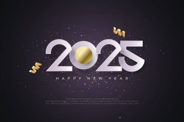 Mutlu yıllar 2025, beyaz sayılar, lüks ve parlak altın dokunuşlarla. Takvim, poster, şablon veya poster tasarımı için en iyi tasarım 2025.