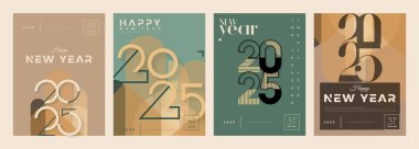 Retro klasik, ilginç rakamlar ve yumuşak renklerle 2025 yılını ayarladı. 2025 yeni yıl afişi, posteri, şablonu için mükemmel vektör tasarımı.