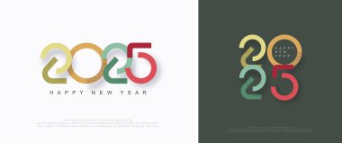 Mutlu yıllar 2025 seti. Pastel zıt renklerde eşsiz bir sayı konseptiyle. Takvim, pankart ve şablon veya poster tasarımı için mükemmel tasarım.