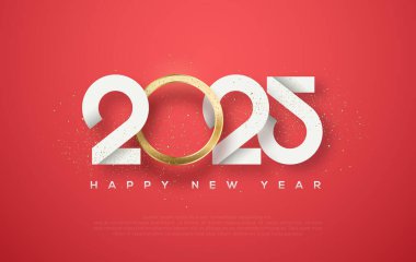 Sayılar ve parlak altın bantlarla 2025 yılınız kutlu olsun. Kırmızı arka plan, parlak ışık. Mutlu Yıllar 2025 için En İyi Vektör Tasarımı Tebrik ve Kutlamalar.