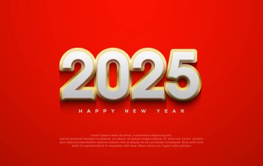 Mutlu yıllar 2025 Tasarım. Yükselen sayılar ile birlikte. Parlak altına sarılmış beyaz. Mutlu yıllar 2025 'i kutlamak ve selamlamak için en iyi vektör tasarımı.