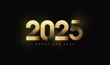 Mutlu yıllar 2025 vektörü. Parlak lüks altın rakamlarıyla. Lüks altın yarım ton premium tasarım. Kutlamalar, davetiyeler, takvimler ve diğerleri tasarla.