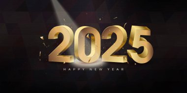 3D yeni yıl 2025 tasarımı. Parlak altın sayılar ışığa maruz kaldı. 2025 Yeni Yıl Kutlaması için en iyi tasarım.
