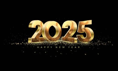 2025 numara 3D parlak altın. Lüks altın parıltıları serpiştirilmiş. Mutlu yıllar 2025 kutlaması için en iyi vektör arkaplanı.