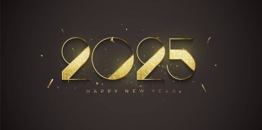 Zarif yeni yıl 2025 tasarımı. Lüks altın sayıları ışıkla parlıyor. Mutlu yıllar 2025 kutlamaları için zarif bir tasarım..
