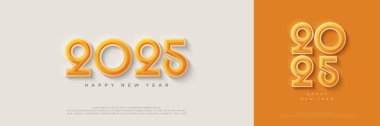 Mutlu yıllar 2025 kutlama numaraları. Temiz ve modern turuncu renkte. 2025 yılını kutlamak için birinci sınıf vektör tasarımı.