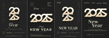 Mutlu yıllar 2024. Lüks altınlara sarılmış beyaz sayılar. 2025 yılını kutlamak için kapaklar, posterler..