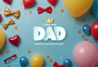 Babalar Günü resimlerinde balonlar, mavi arka planda kurdeleler. Sevgili babalar gününe hoş geldin demek için özel tasarım..