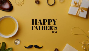 Mutlu babalar günü arka planı, yumuşak pastel sarı arka planda 3 boyutlu dekoratif süsler. Selamlama, afişler, posterler ve sosyal medya paylaşımları için özel tasarım.