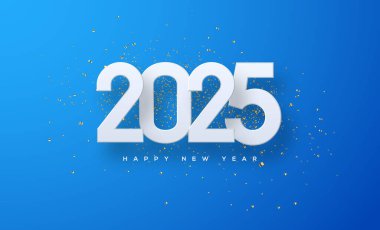 2025 'li yeni yıl tasarımı, parlak mavi arka planda beyaz. Posterler, pankartlar, takvimler ve selamlamalar için en iyi vektör tasarımı.