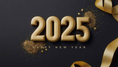 Mutlu yeni yıl 2025 illüstrasyonları, yumuşak altın renkli 3D numaralar. Parlak ve lüks altın kurdelelerle süslenmiş..