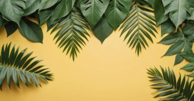 Parlak sarı arka planı olan yeşil yapraklar. Poster, pankart veya duvar kağıdı için kaliteli tasarım.