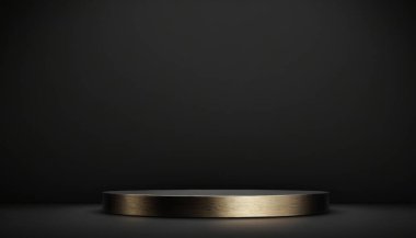 Siyah arka planda koyu altın rengi olan lüks podyum soyut tasarımı. Duvar kağıdı, afiş, poster için kaliteli tasarım.