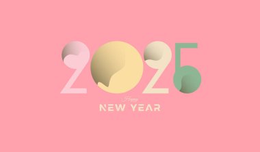 Mutlu yıllar 2025 tasarımı. Pembe arka planda renkli, sağlam sayılar var. Afişler, posterler ve kutlama kutlamaları için en iyi vektör tasarımı.