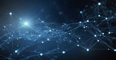 Parlak noktaları ve çizgileri olan mavi ve siyah soyut ağ. Afişler, posterler ve sosyal medya için modern ve sofistike bir arkaplan.