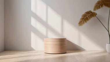 Doğal ışık altında silindirik bir platforma sahip çağdaş bir arka plan. Afişler, posterler ve maketler için kaliteli fotoğraf.