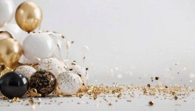 Altın konfetili şenlik balonları ve kurdeleler. Doğum günü kutlaması için özel tasarım.