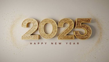 Mutlu yıllar 2025 illüstrasyonları, altın sayılar serpiştirilmiş modern tasarım lüks ve parlak pırıltılı.