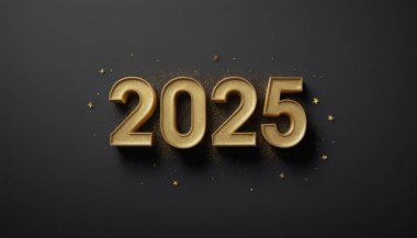 Mutlu yıllar 2025, siyah lüks arka planda 3D altın rakamlar..