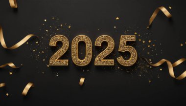 Mutlu yeni yıl 2025 'in tasviri, her numarada parıltı olan üç boyutlu sayılar. Siyah arka plan tasarımın lüks görünmesini sağlıyor..