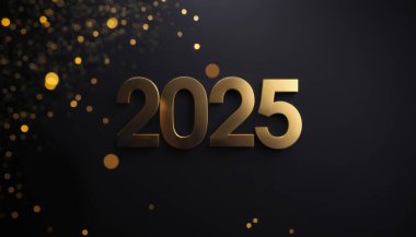 Mutlu yıllar 2025, temiz altın rakamlarla. Lüks ve parlak altın parıltılarıyla süslenmiş. Yeni yıl kutlamaları için özel tasarım..