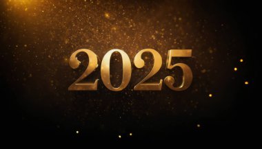 Yeni yıl 2025 tasarımı, altın parıltısıyla süslenmiş metalik altın sayılar. Yeni yıl kutlamaları için özel tasarım..