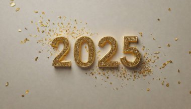 Zarif mutlu yeni yıl 2025 tasarımı. Parıltılı sayılar ve beyaz arka planda parıltı serpiştirilmiş. Yeni yıl kutlamaları için özel tasarım..