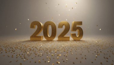 Altın rengi 2025 numara tasarımı. Parlak bir geçmişi var. Altın parıltılı süslemelerle süslenmiş. Yeni yıl kutlamaları için özel tasarım..