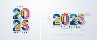 3D renkli mutlu yeni yıl numaraları. 2025 sayılı güzel ve modern. Lüks ve zarif figürlerle. Pankartlar, posterler, bültenler ve diğer amaçlar için en iyi vektör tasarımı.