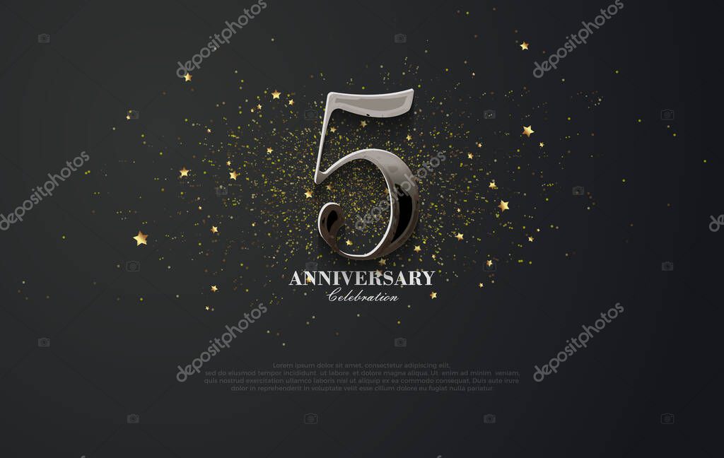 Elegant 5th anniversary design. With a shiny black color decorated with luxurious gold glitter. Premium vector design for celebrations.