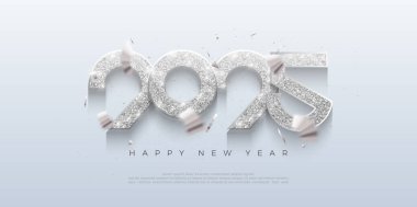 Yeni yıl 2025 tasarımı lüks modern rakamlarla. Parlak metalik gümüş parıltı. Parlak bir arka plana karşı. Afişler, posterler, takvimler ve sosyal medya için en iyi vektör tasarımı.